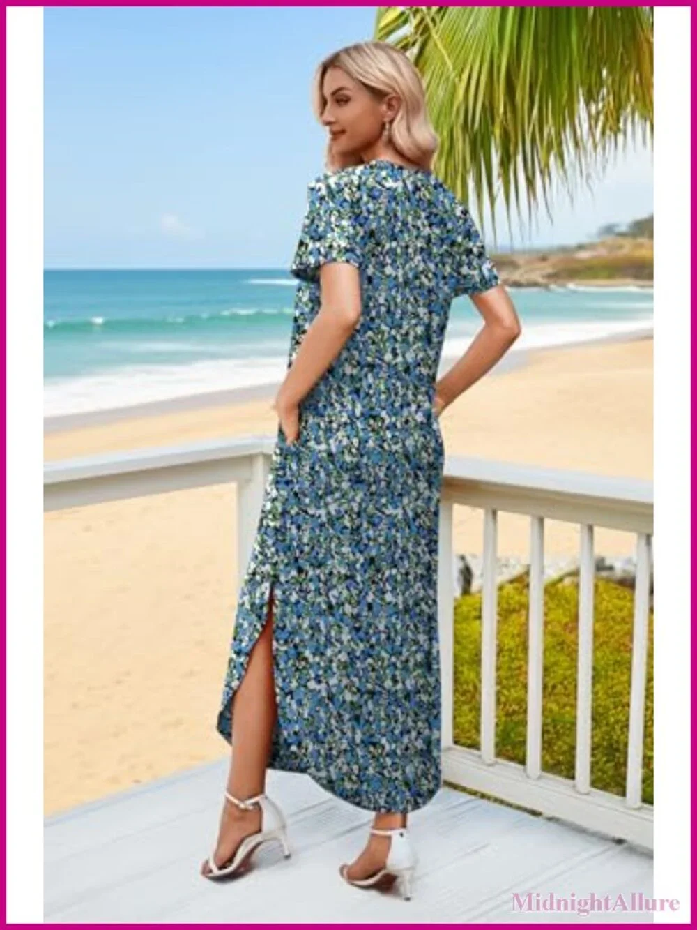Women's Summer Short Sleeve Maxi Dress with Pockets V-Neck Flowy Vacation Beach